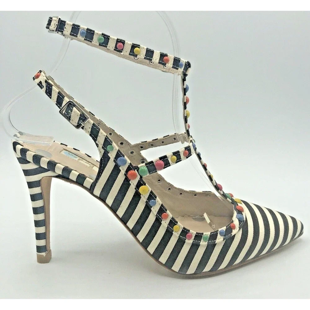 Boden Ashley Striped Courts heels Pumps Spain Studded Double T Bar Straps Sz 5.5
